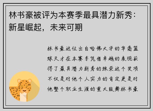 林书豪被评为本赛季最具潜力新秀：新星崛起，未来可期